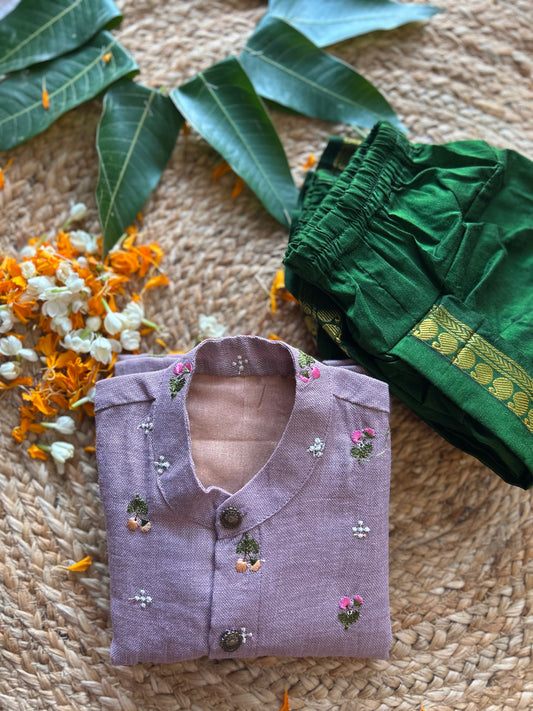 Pure Linen Lavender and Bottle green Kurta Dhoti