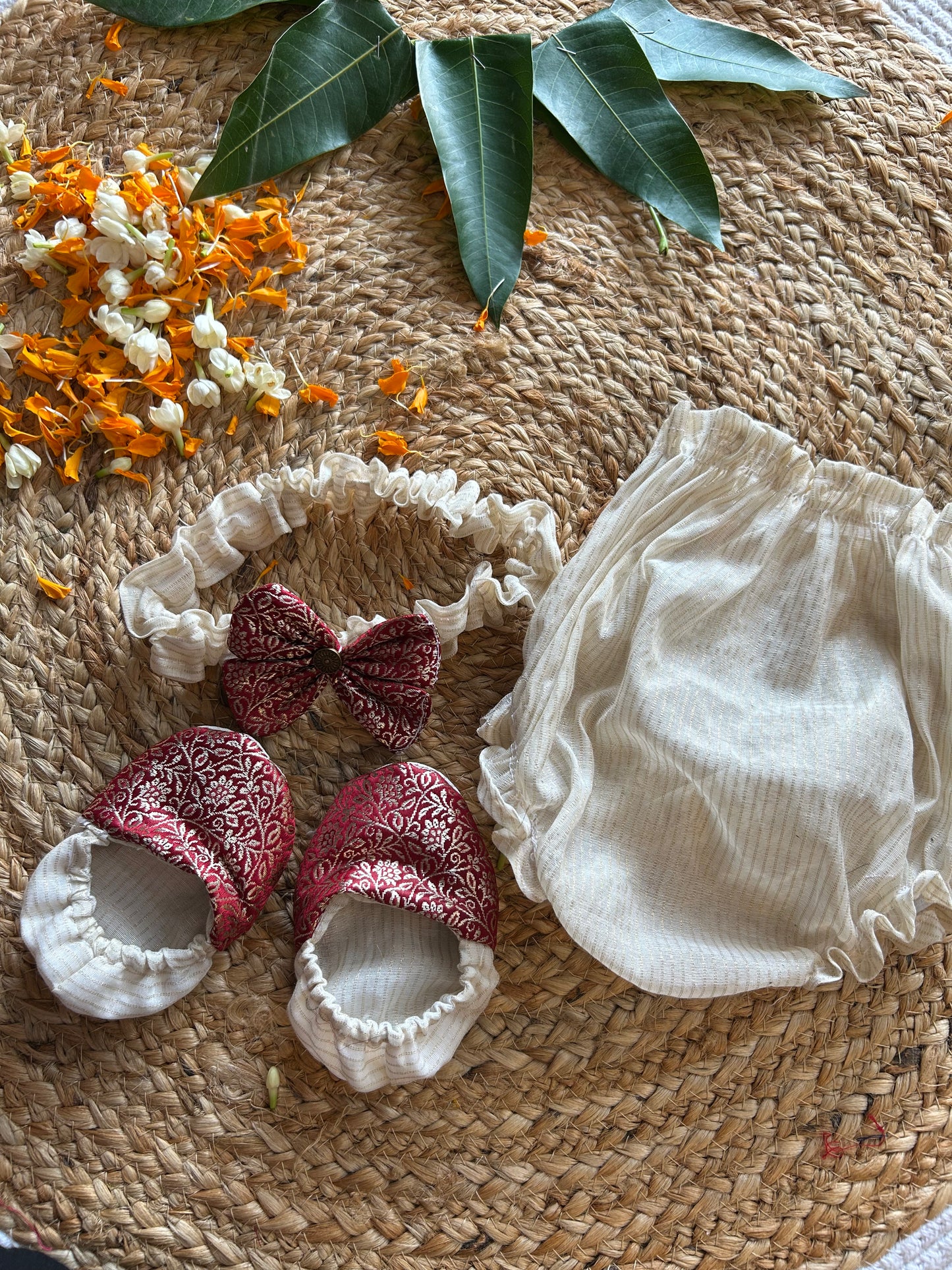 Kerala Special - Maroon with milk white frock for festivals with head bow, shoes and undie