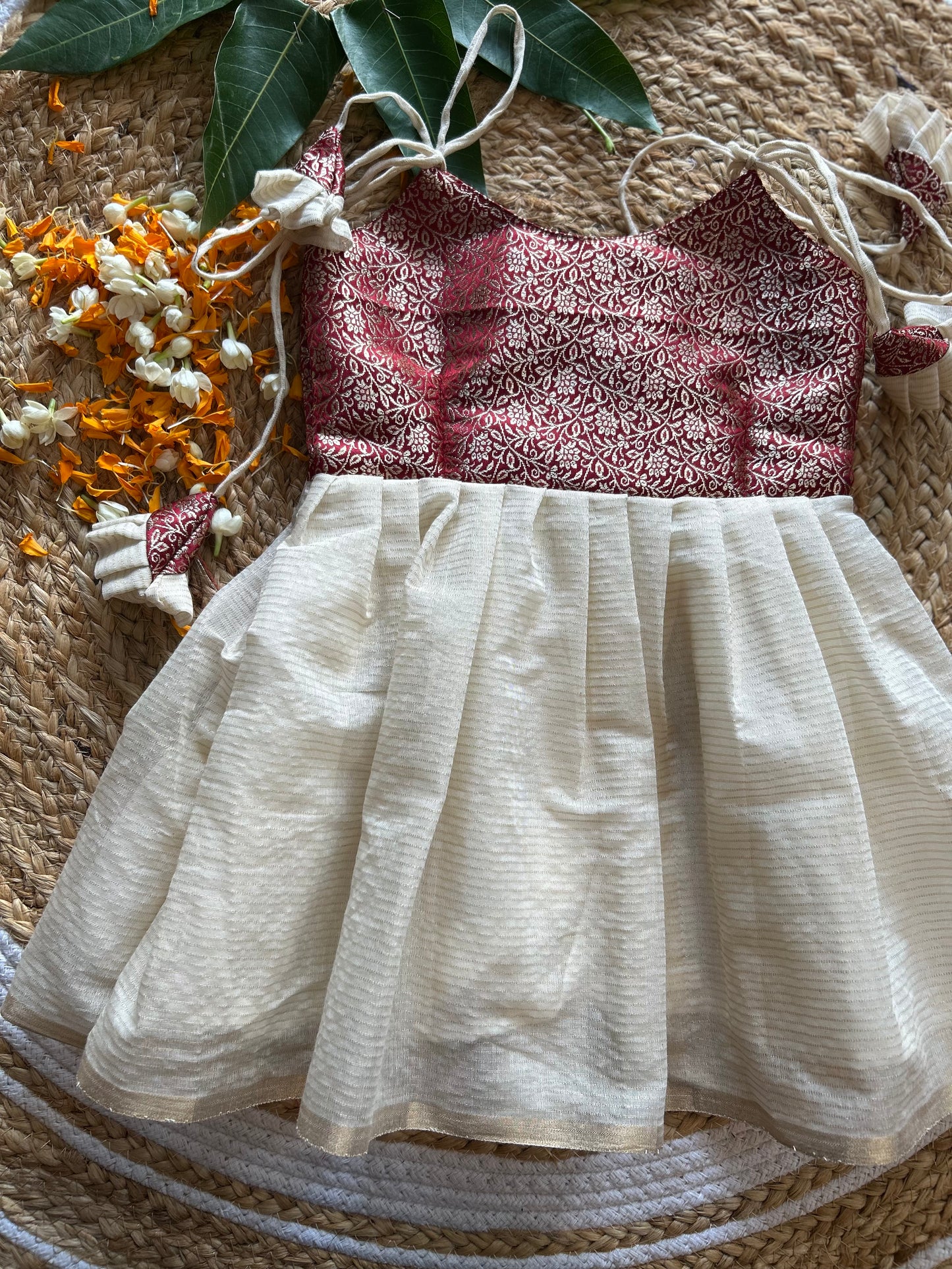 Kerala Special - Maroon with milk white frock for festivals with head bow, shoes and undie