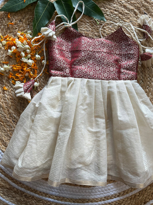 Kerala Special - Maroon with milk white frock for festivals with head bow, shoes and undie
