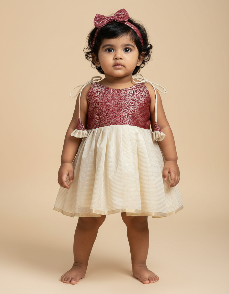 Kerala Special - Maroon with milk white frock for festivals with head bow, shoes and undie