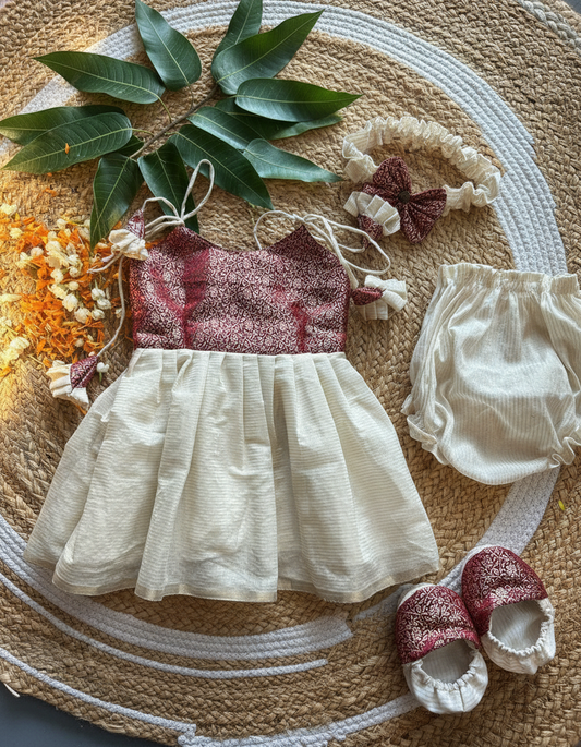 Kerala Special - Maroon with milk white frock for festivals with head bow, shoes and undie for baby girl