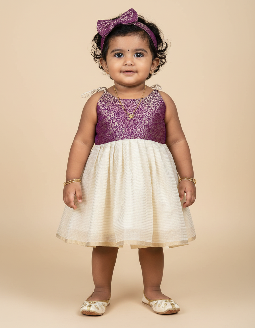 Kerala Special - Wine with milk white frock for festivals with head bow, shoes and undie