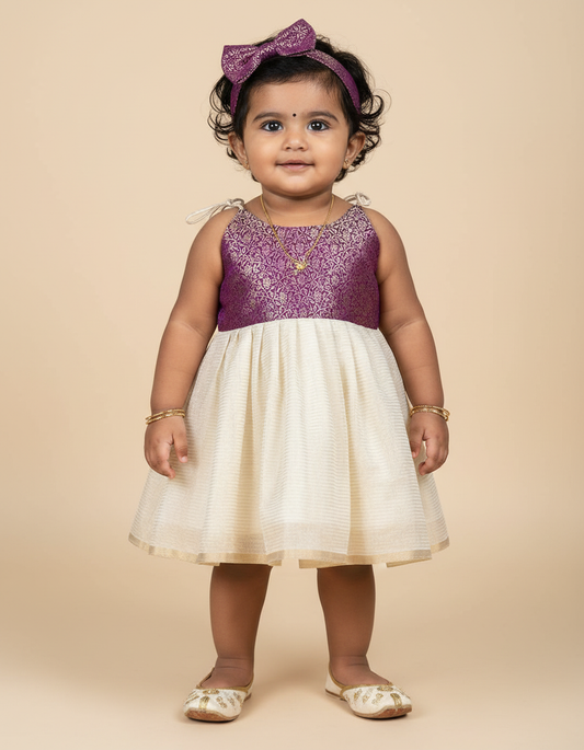 Kerala Special - Wine with milk white frock for festivals with head bow, shoes and undie