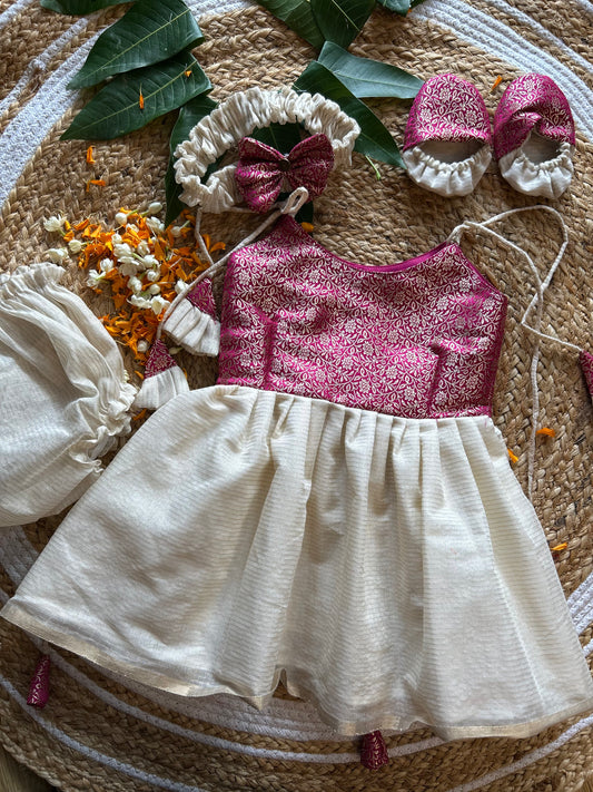 Kerala Special - Pink with milk white frock for festivals with head bow, shoes and undie