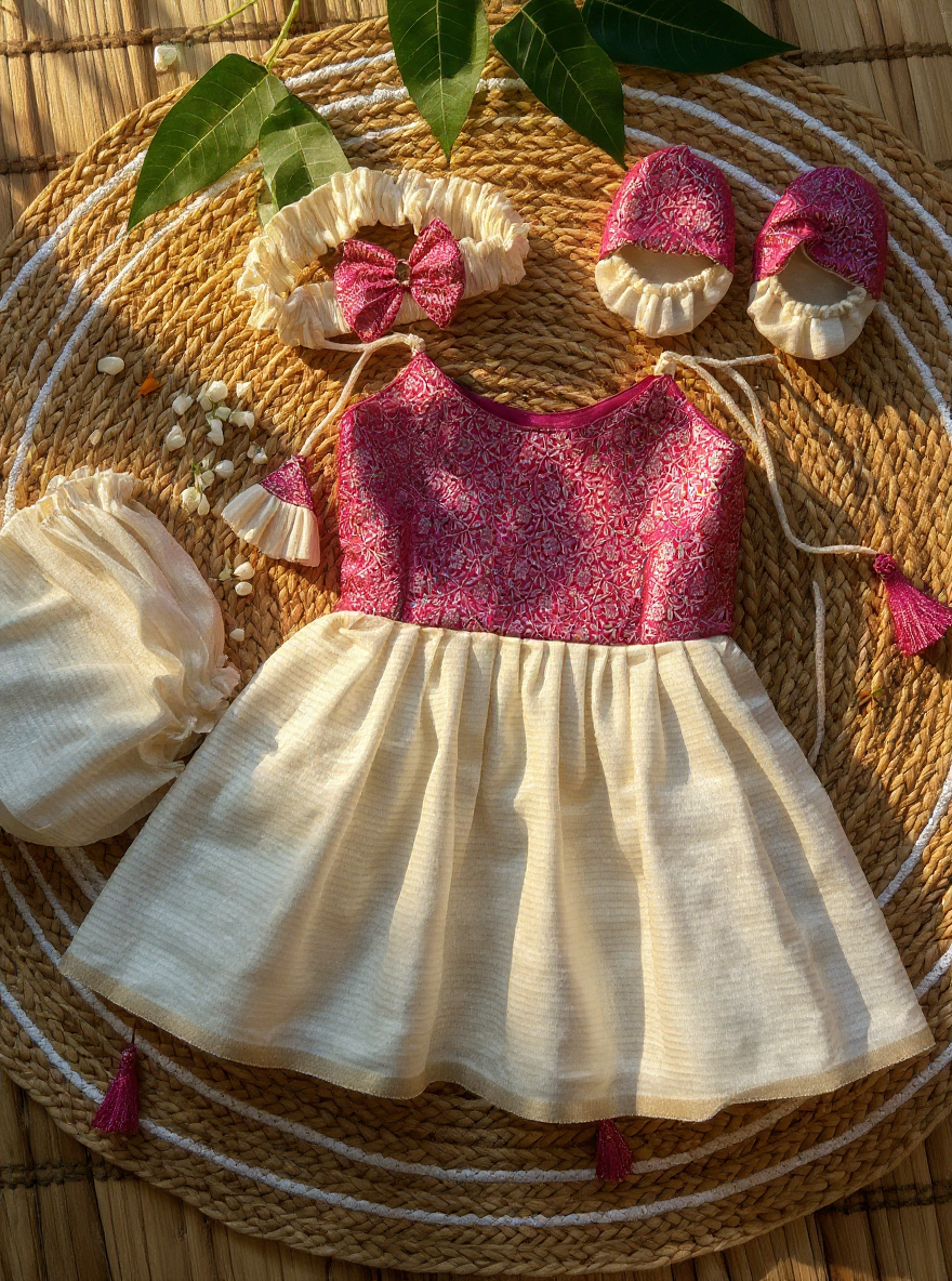 Kerala Special - Pink with milk white frock for festivals with head bow, shoes and undie for baby girl