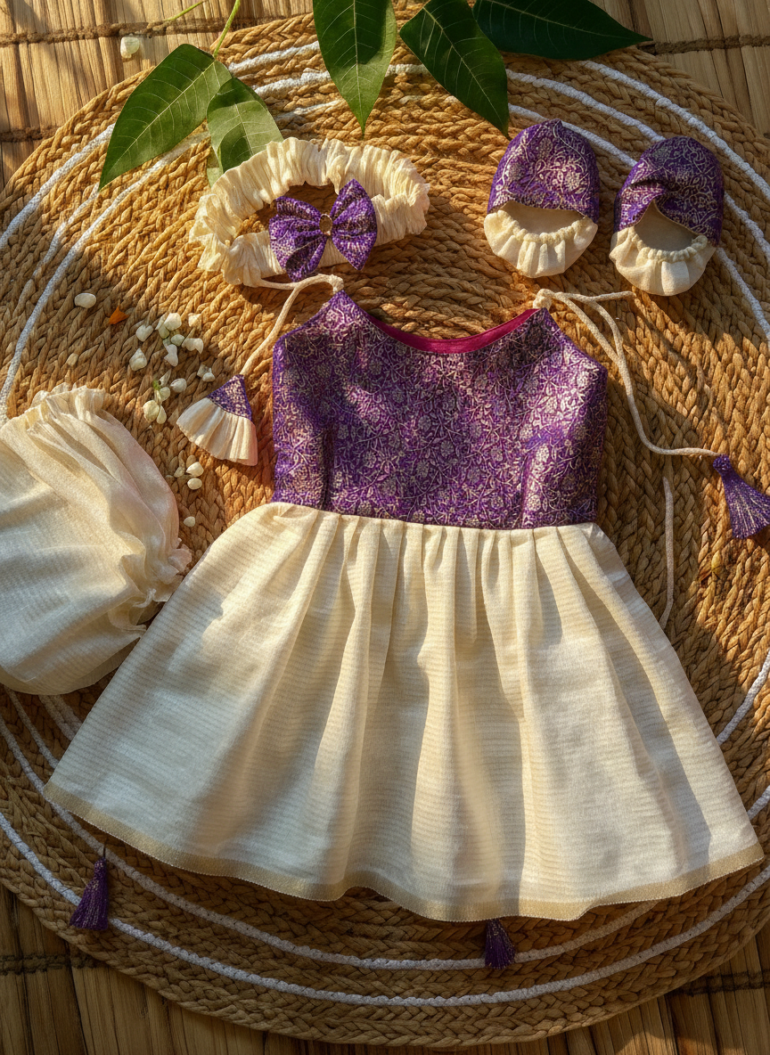 Kerala Special - Wine with milk white frock for festivals with head bow, shoes and undie for baby girl