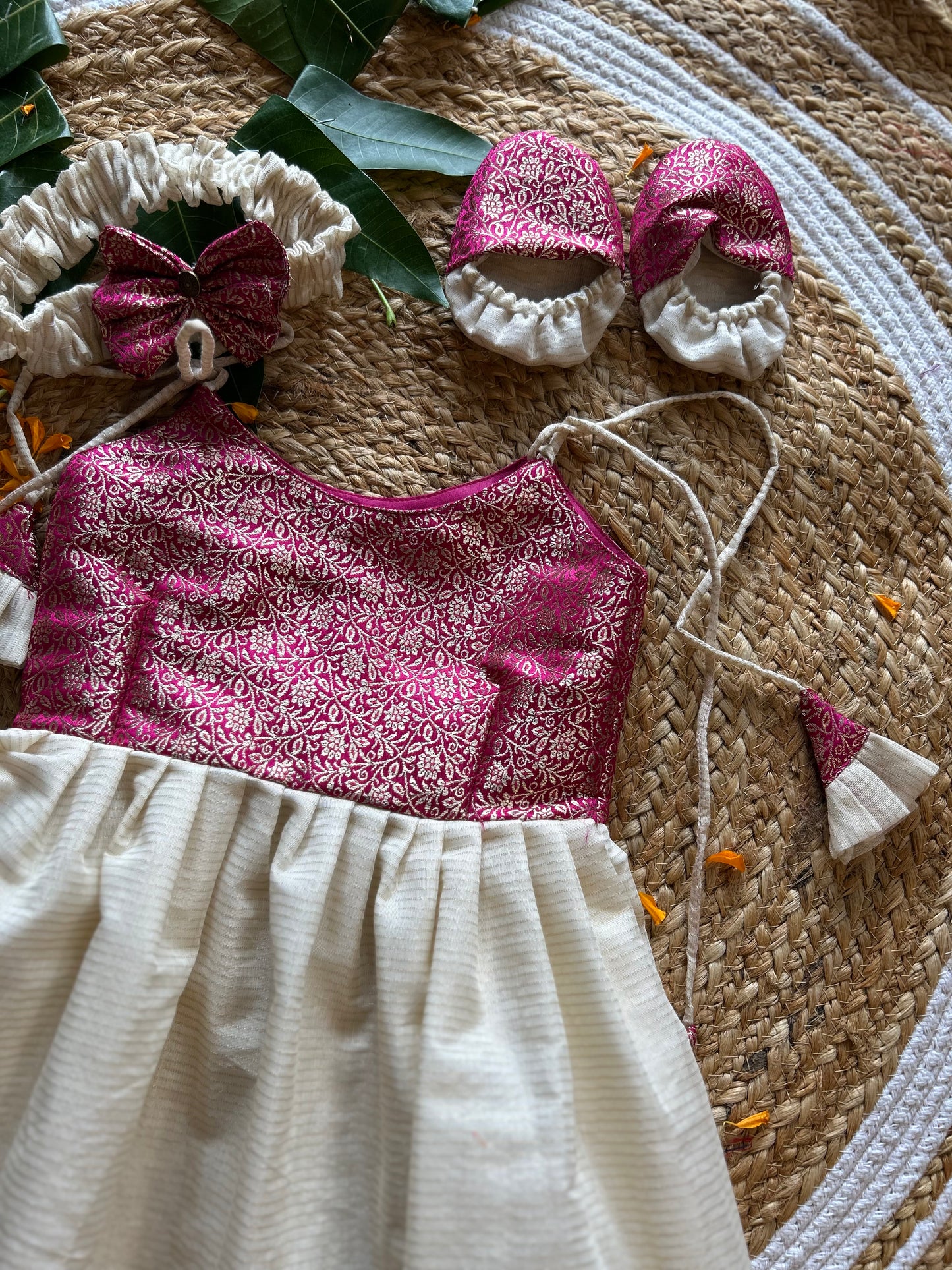 Kerala Special - Pink with milk white frock for festivals with head bow, shoes and undie