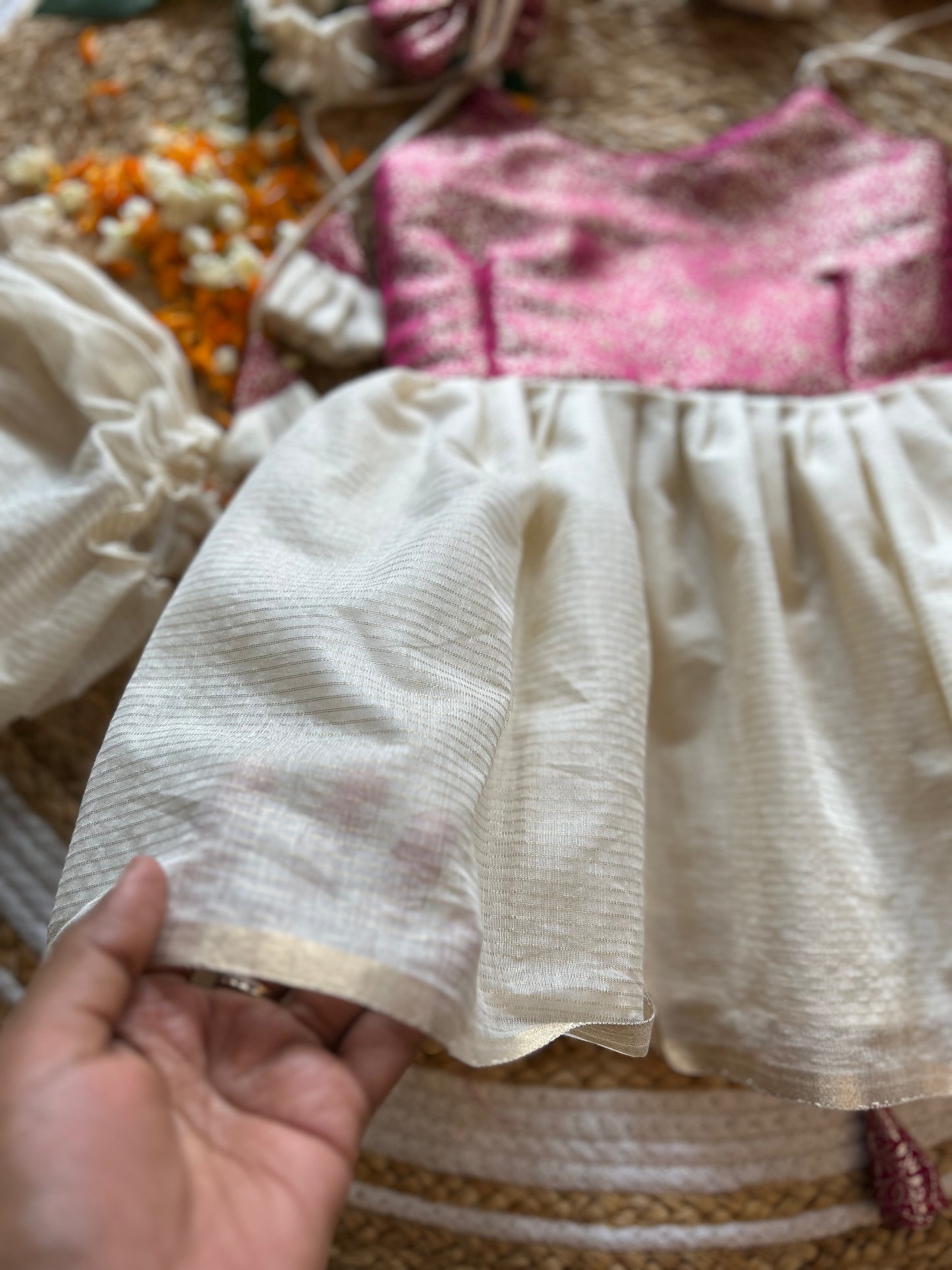 Kerala Special - Pink with milk white frock for festivals with head bow, shoes and undie