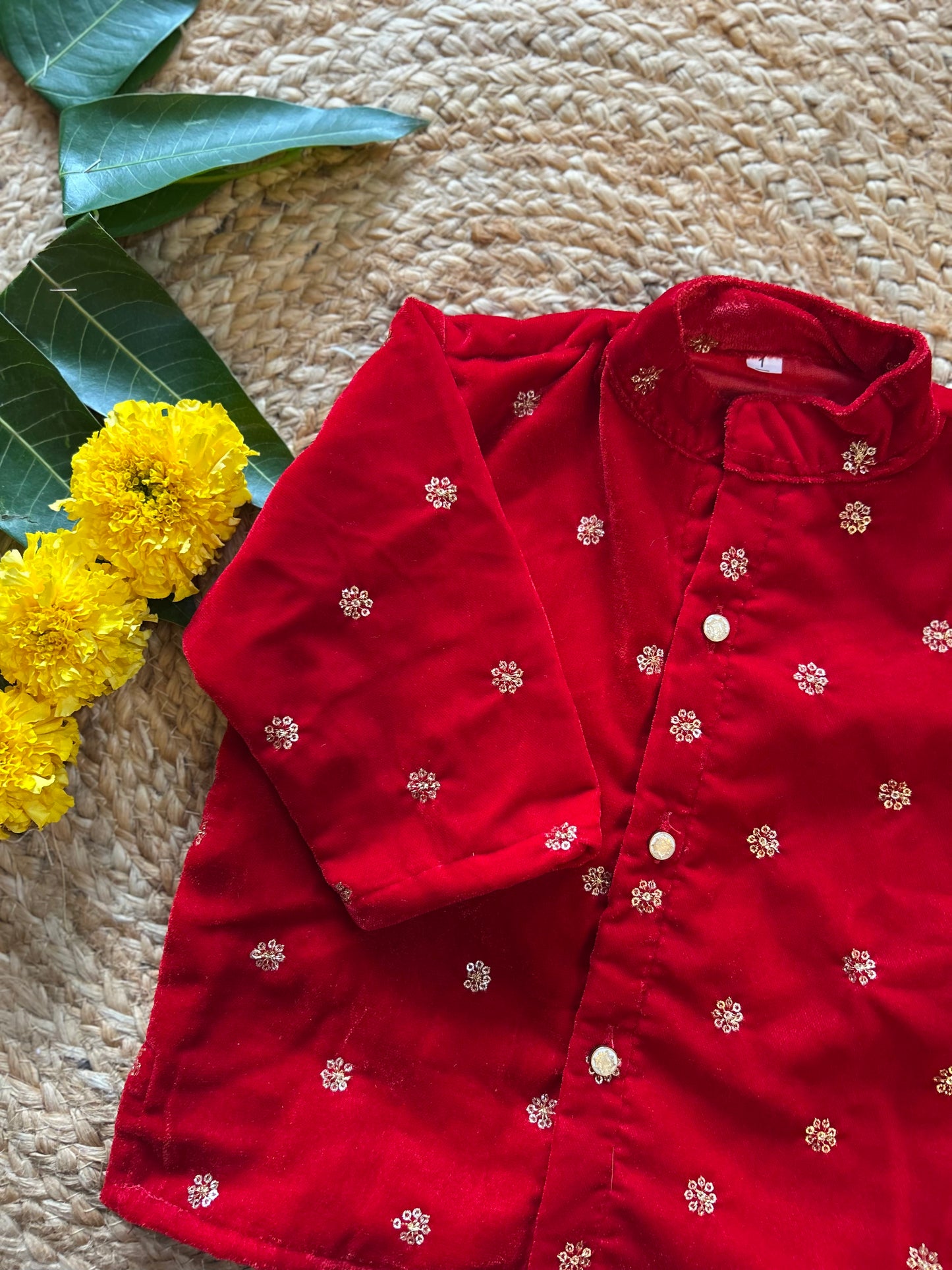 Velvet red and gold color kurta dhoti ethnic wear for baby boy