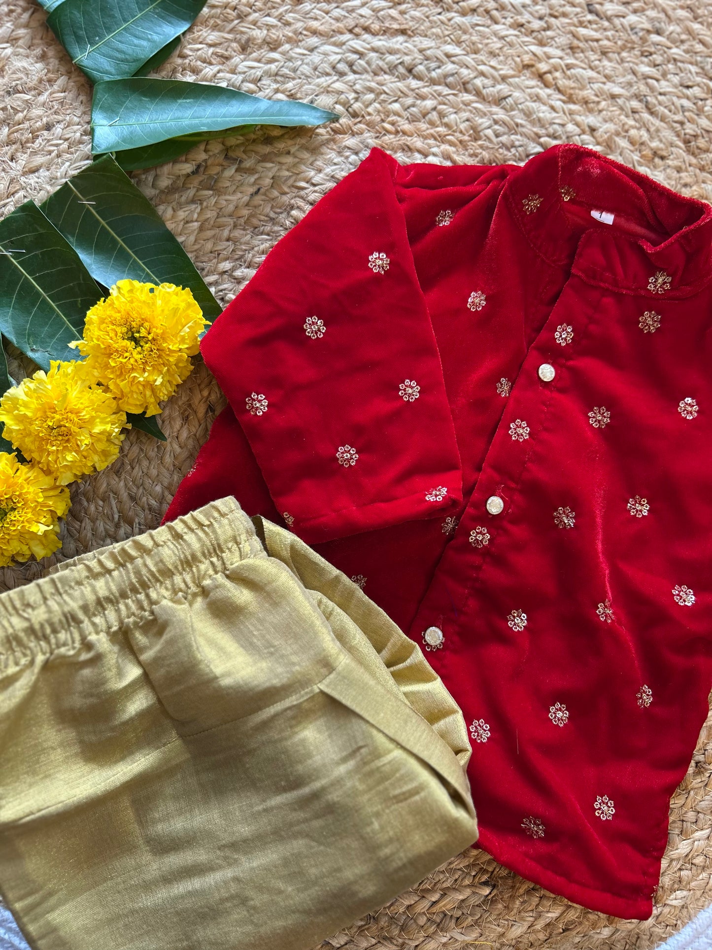 Velvet red and gold color kurta dhoti ethnic wear for baby boy