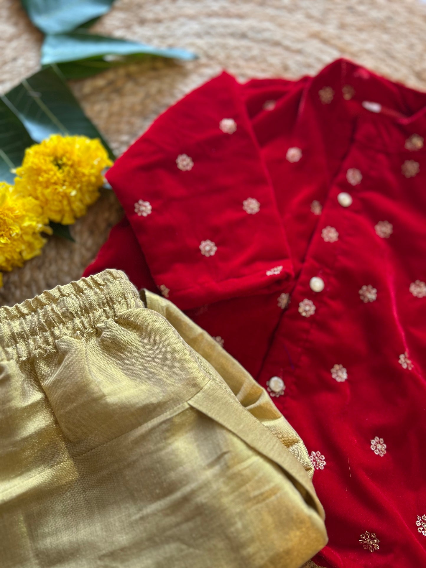 Velvet red and gold color kurta dhoti ethnic wear for baby boy