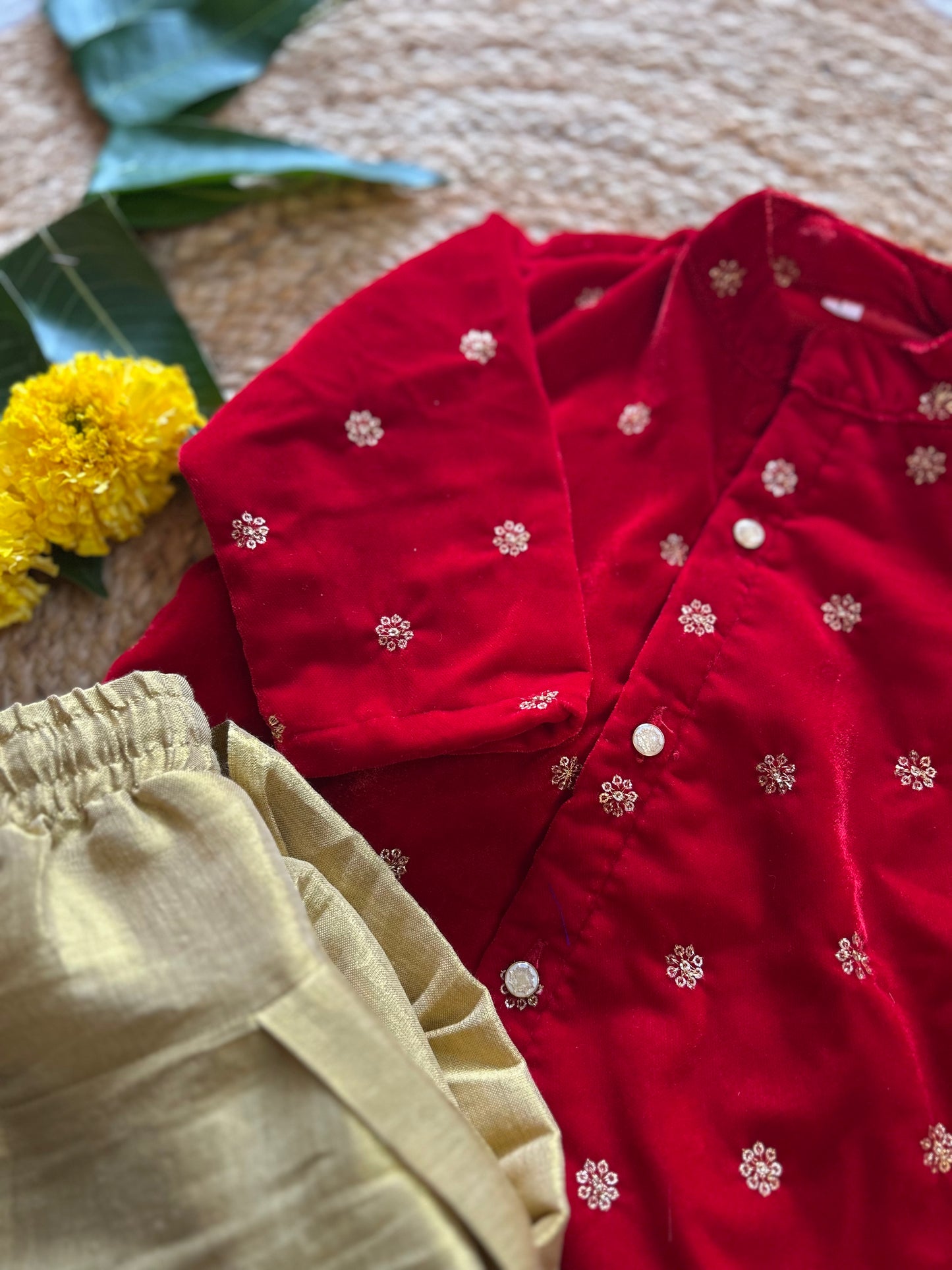 Velvet red and gold color kurta dhoti ethnic wear for baby boy