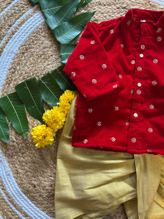 Velvet red and gold color kurta dhoti ethnic wear for baby boy
