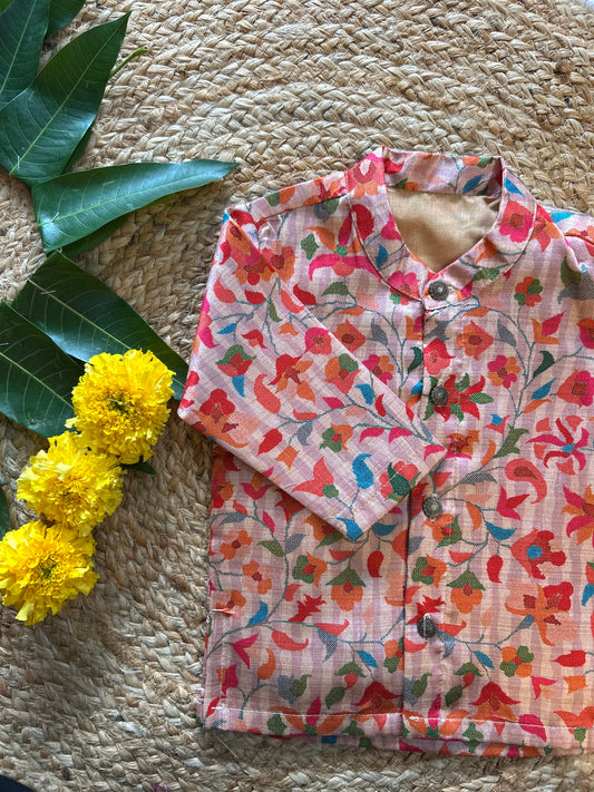 Kalamkari Indian Print Cream Floral Semi silk kurta baby boy ethnic top wear