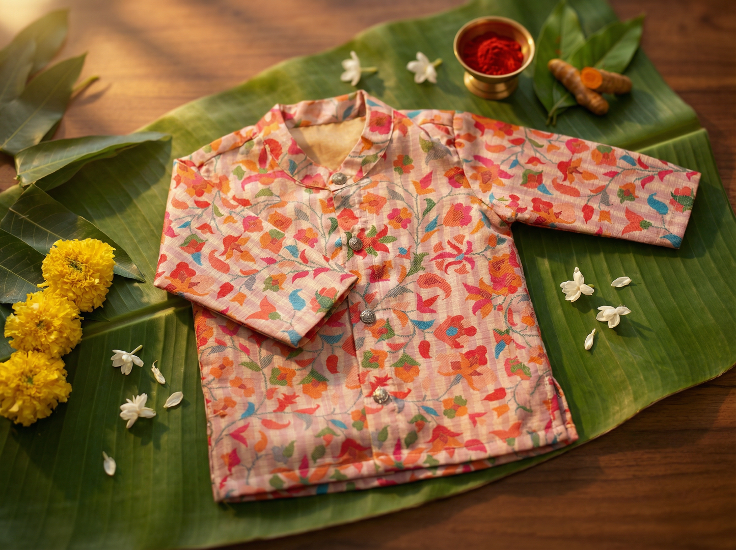 Kalamkari Indian Print Cream Floral Semi silk kurta baby boy ethnic top wear