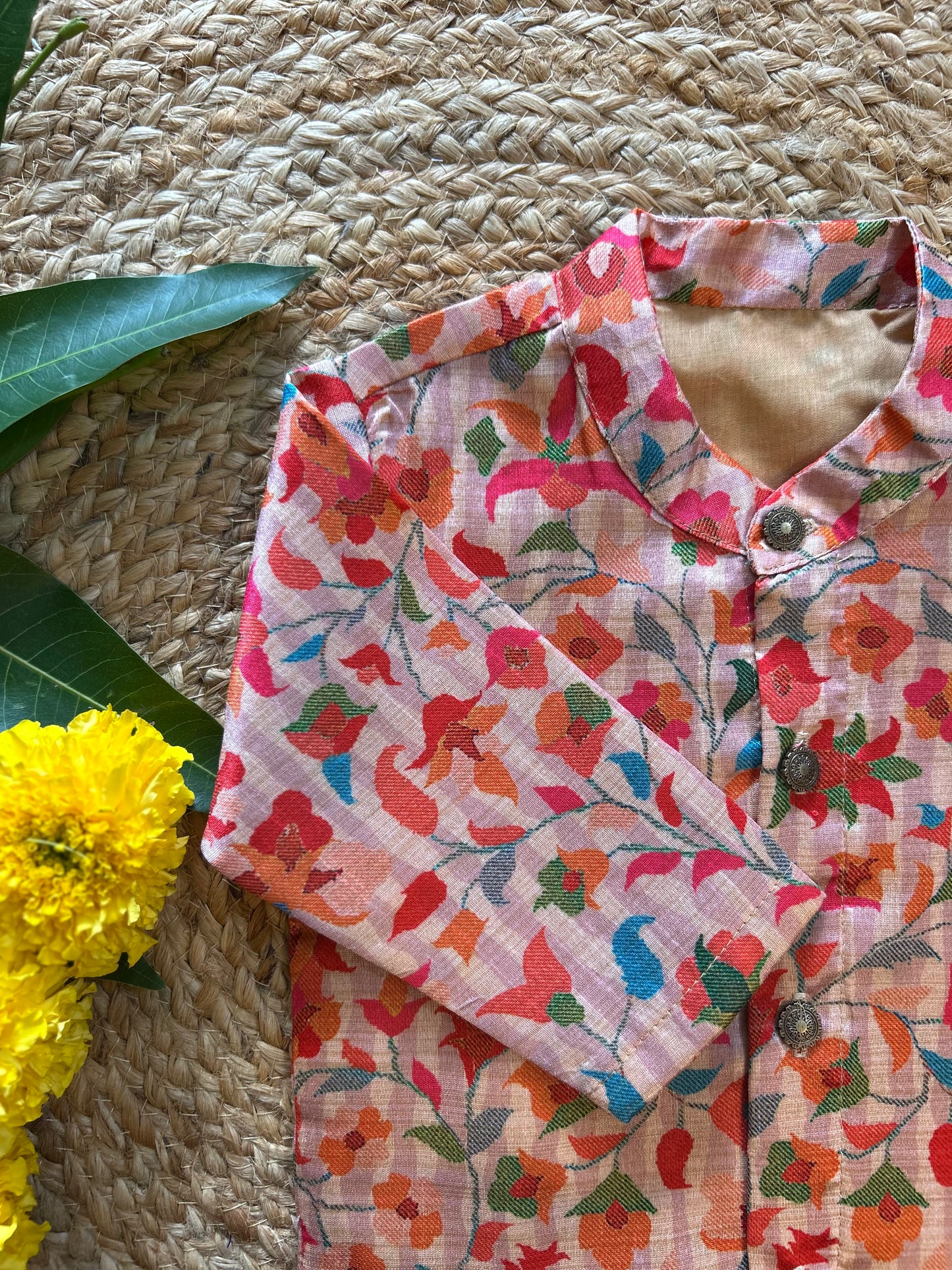 Kalamkari Indian Print Cream Floral Semi silk kurta baby boy ethnic top wear