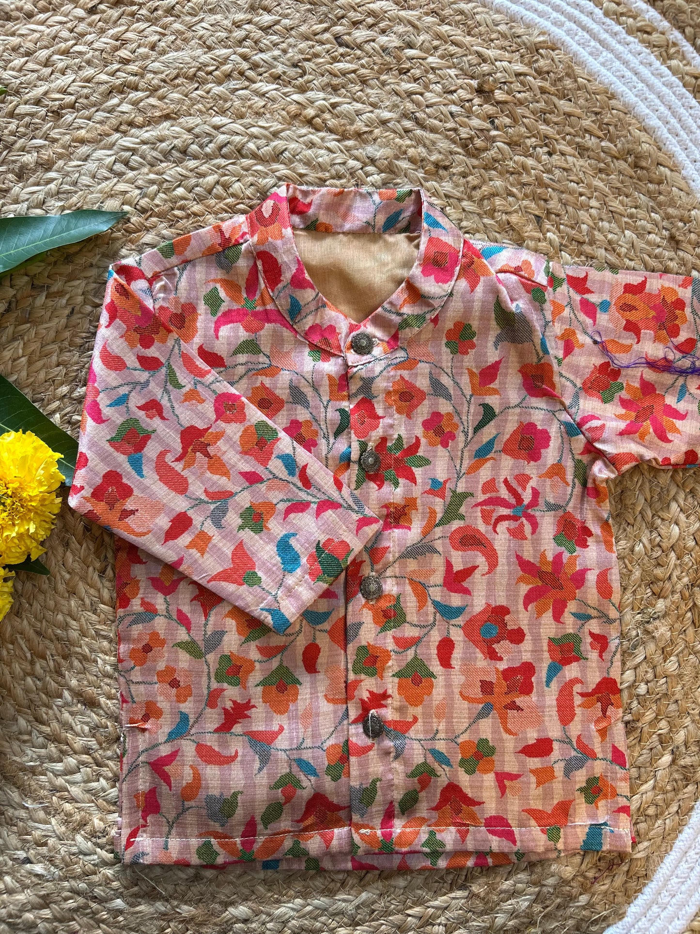 Kalamkari Indian Print Cream Floral Semi silk kurta baby boy ethnic top wear