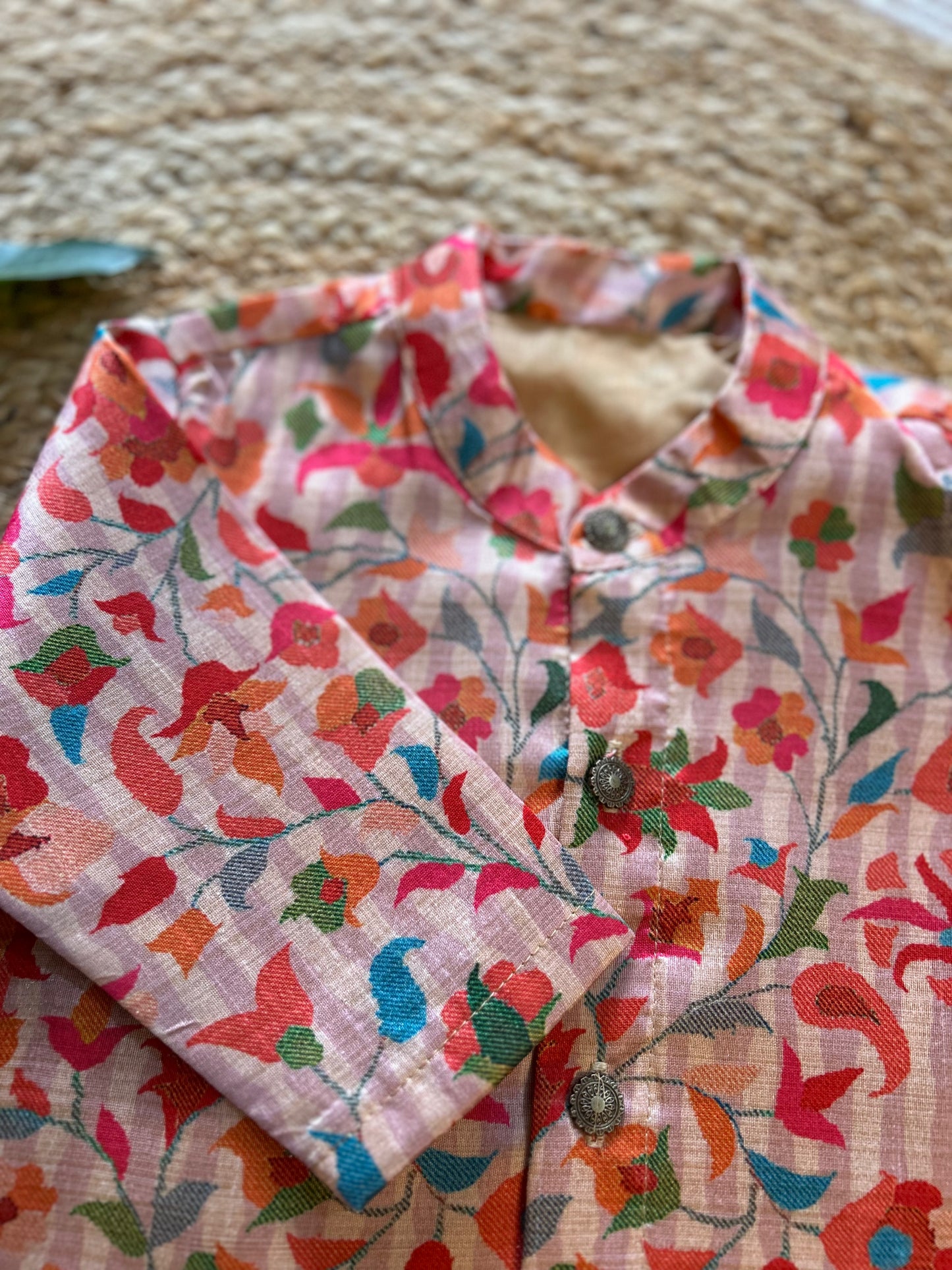 Kalamkari Indian Print Cream Floral Semi silk kurta baby boy ethnic top wear