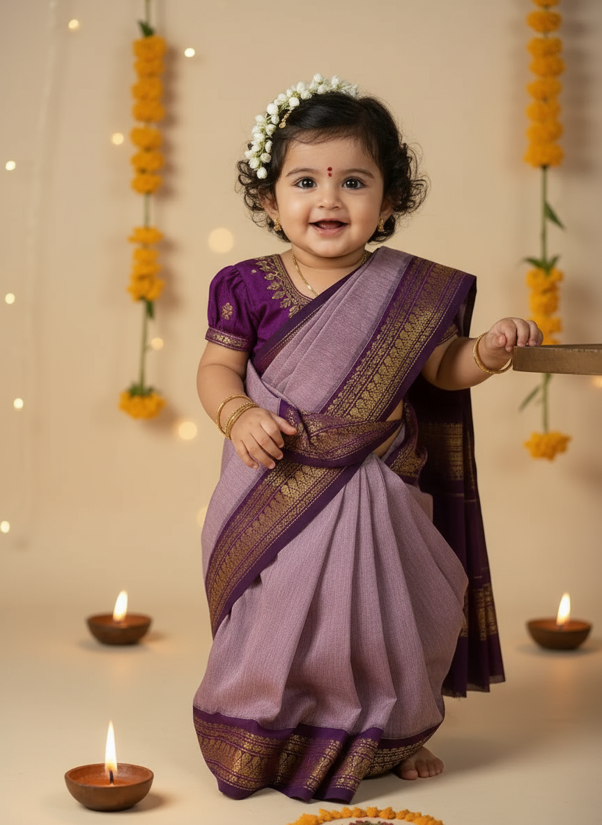 Lavendar and wine  - Ready to wear saree for kids Ethnic wear for baby girl