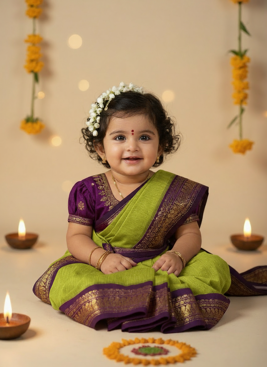 Green and wine  - Ready to wear saree for kids Ethnic wear for baby girl