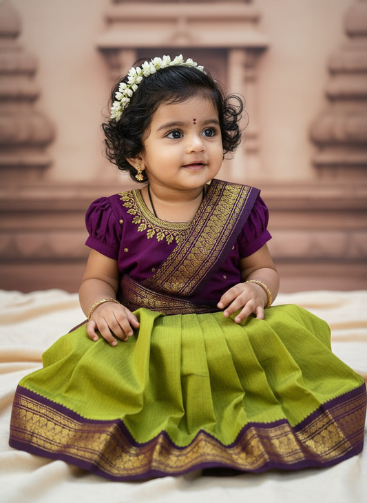 Green and wine  - Ready to wear saree for kids Ethnic wear for baby girl