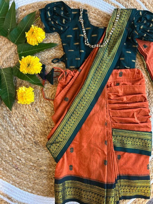 Bottle green and orange  - Ready to wear saree for kids Ethnic wear for baby girl