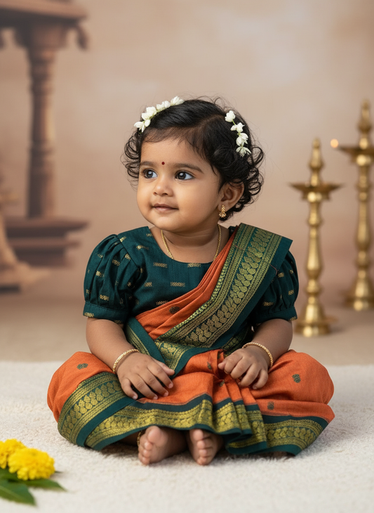 Bottle green and orange  - Ready to wear saree for kids Ethnic wear for baby girl