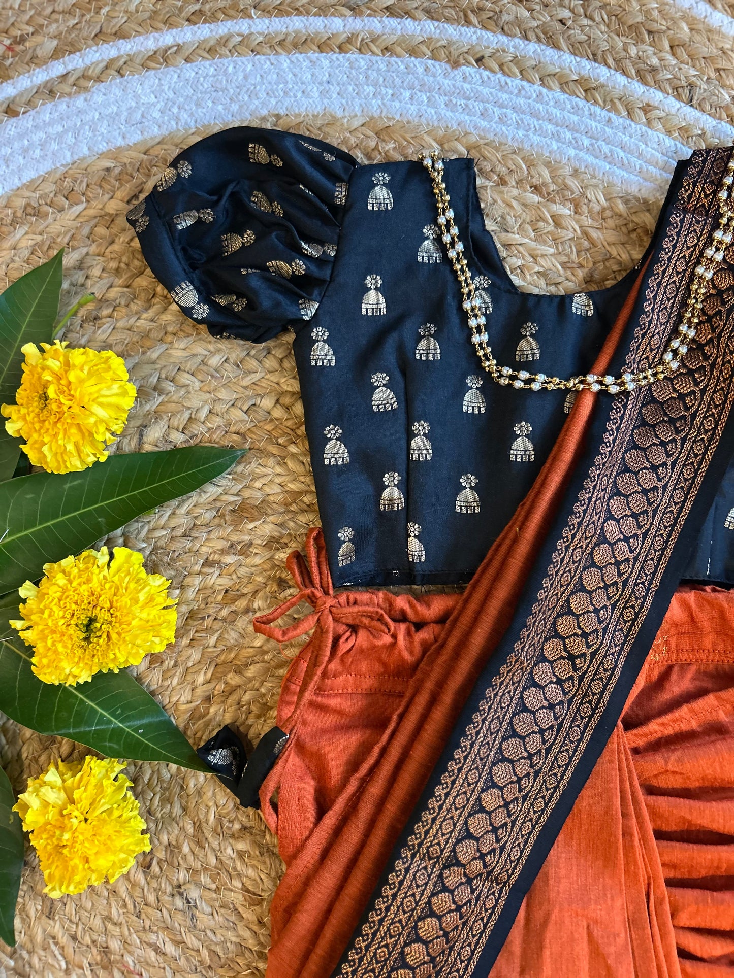 Black and orange  - Ready to wear saree for kids Ethnic wear for baby girl