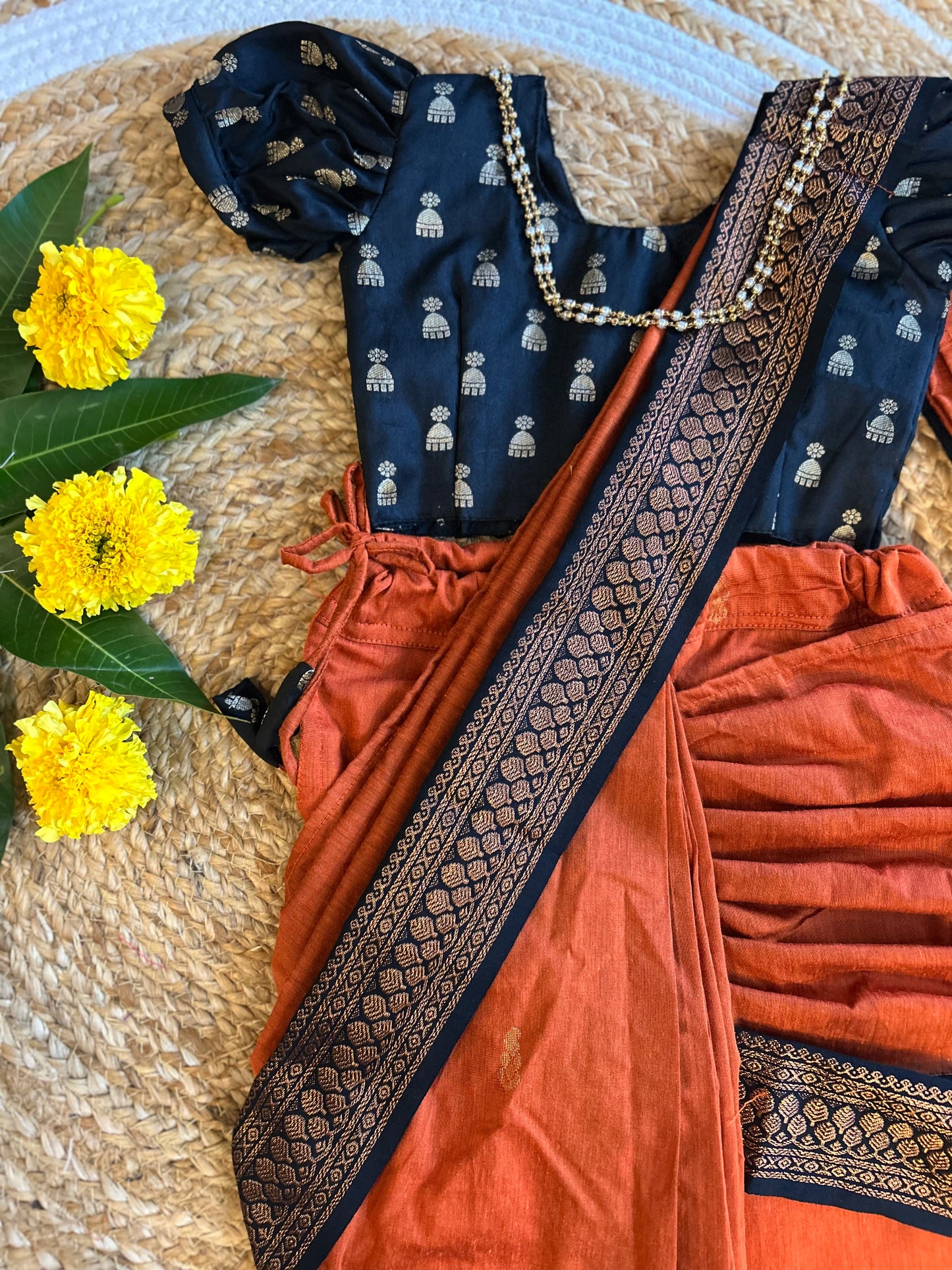 Black and orange  - Ready to wear saree for kids Ethnic wear for baby girl