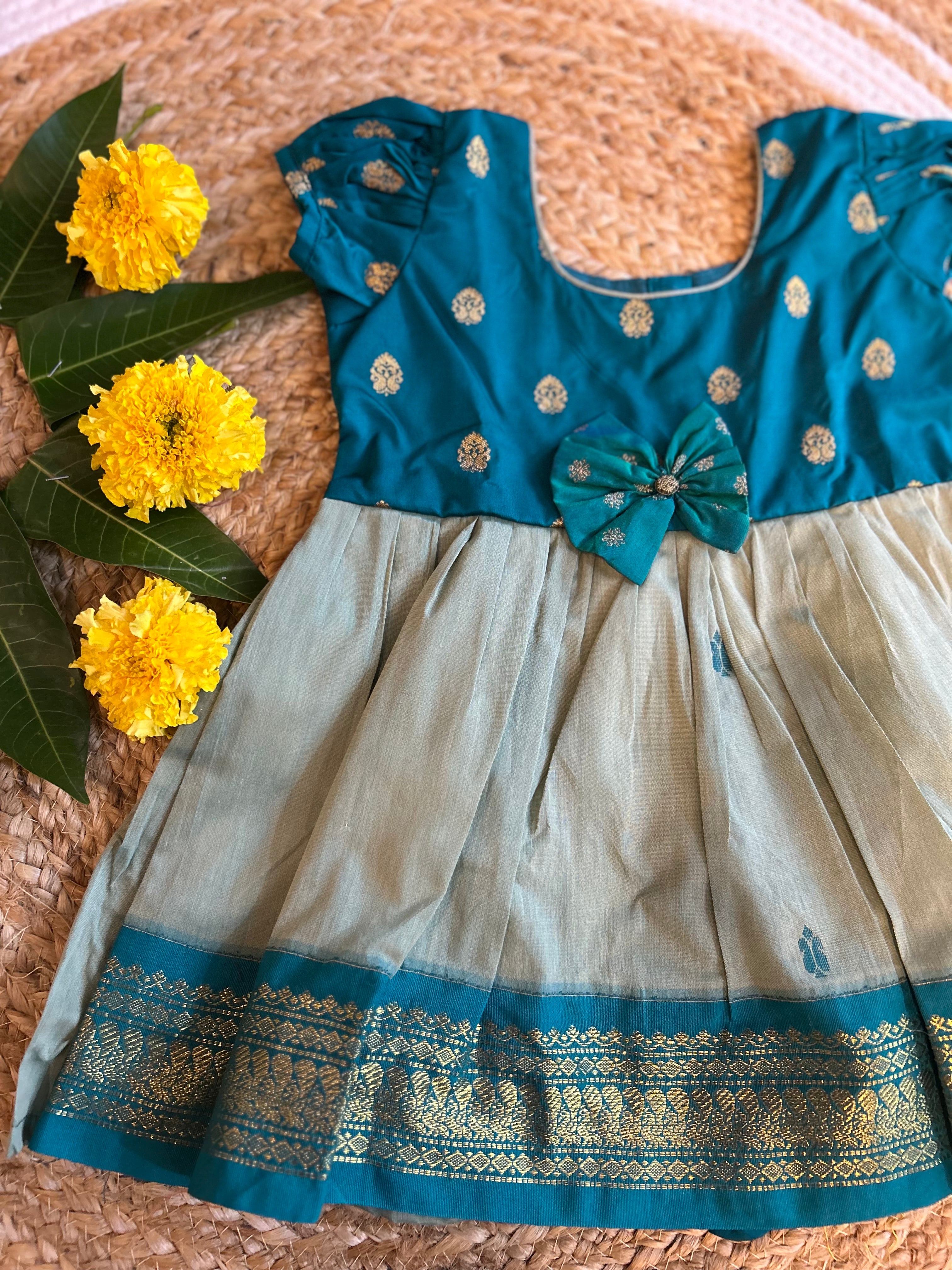 Aqua Blue with light gray (vintage bow) - Kanchi cotton ethnic Wear Frock for Baby Girl