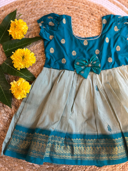 Aqua Blue with light gray (vintage bow) - Kanchi cotton ethnic Wear Frock for Baby Girl