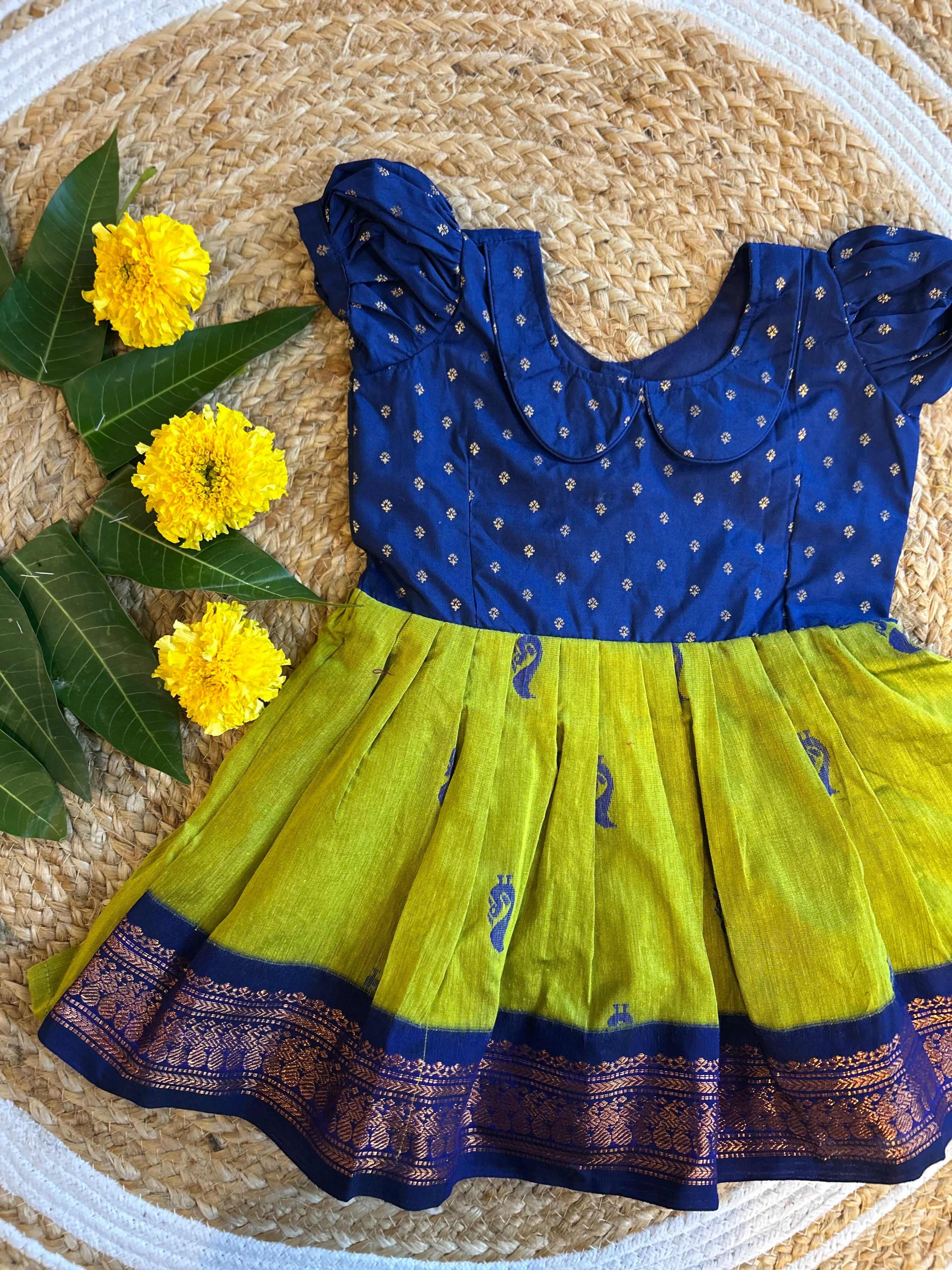 Blue and green (vintage collar) - Kanchi Cotton Silk Ethnic Wear for Baby Girl