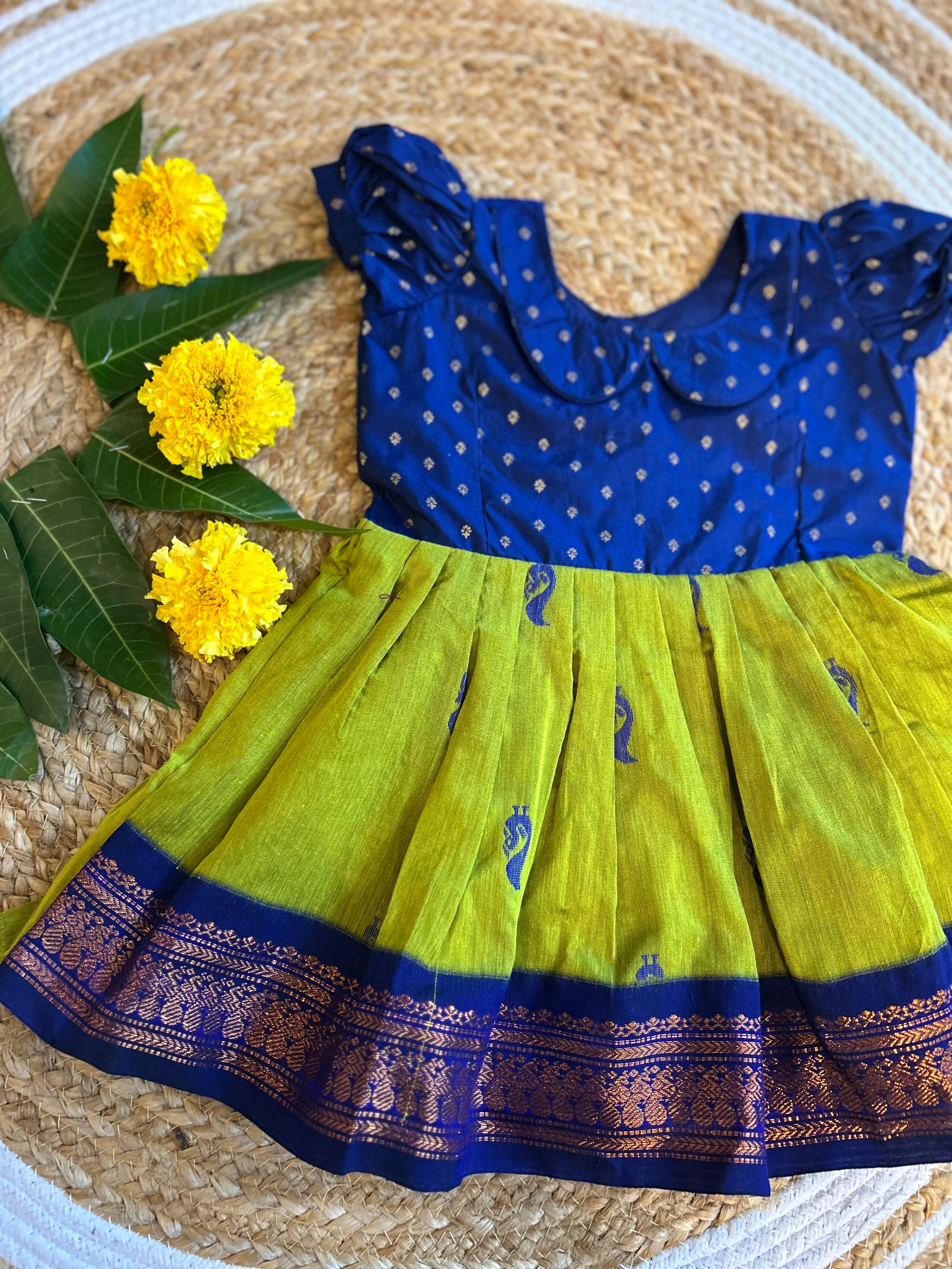 Blue and green (vintage collar) - Kanchi Cotton Silk Ethnic Wear for Baby Girl