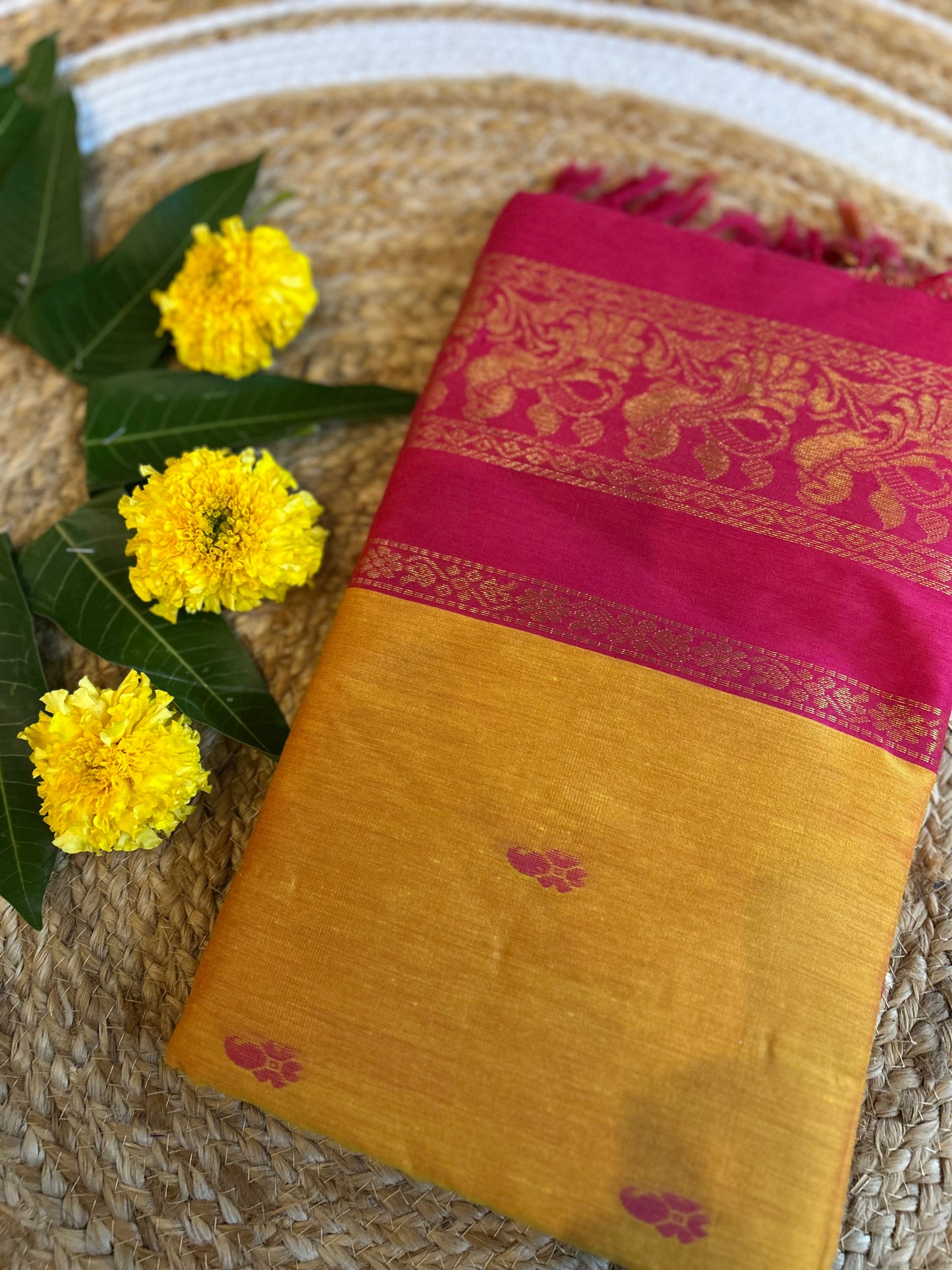 Mango Yellow with Hot Pink - Premium Cotton Silk Saree with Contrast Blouse