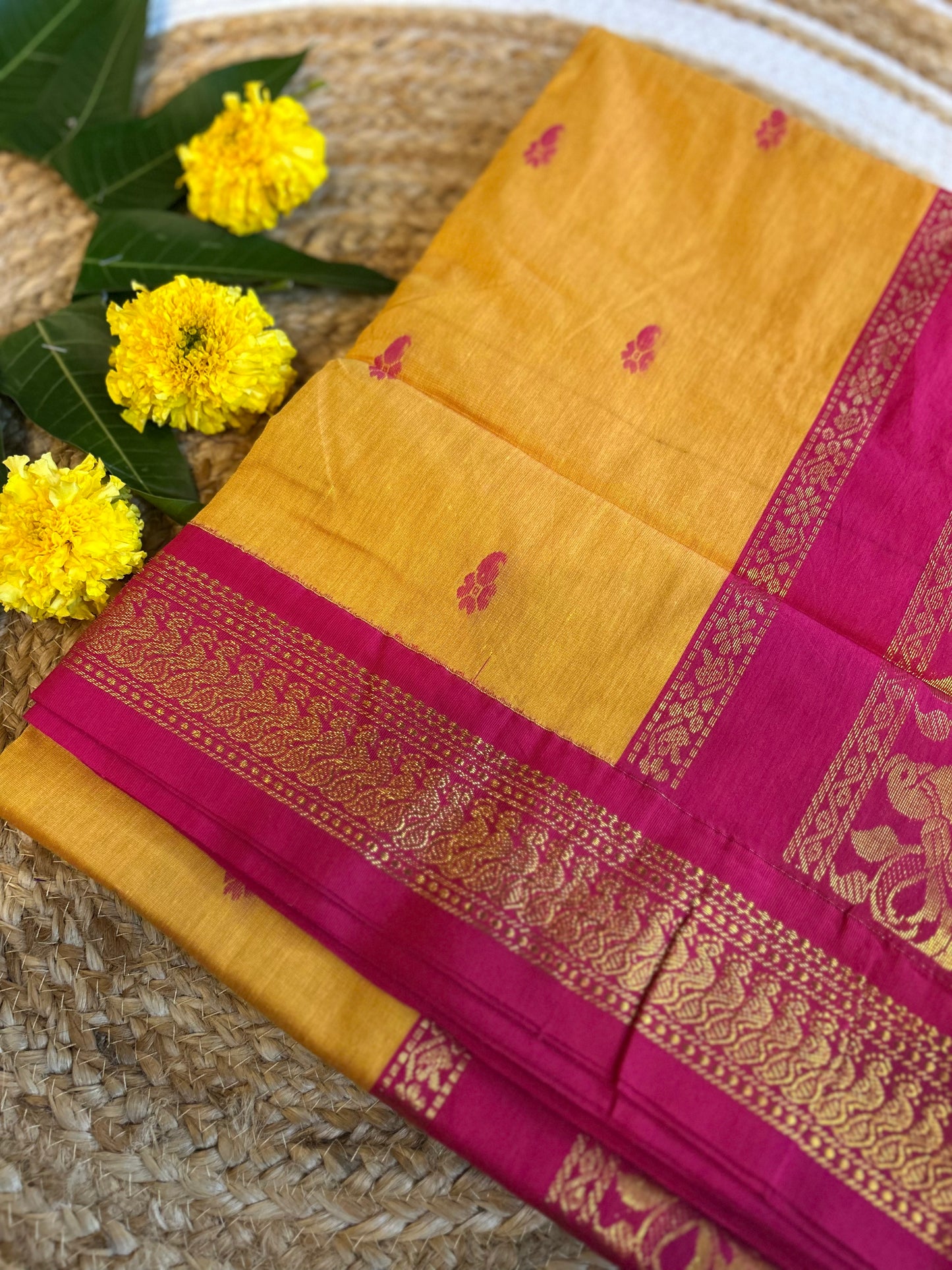 Mango Yellow with Hot Pink - Premium Cotton Silk Saree with Contrast Blouse