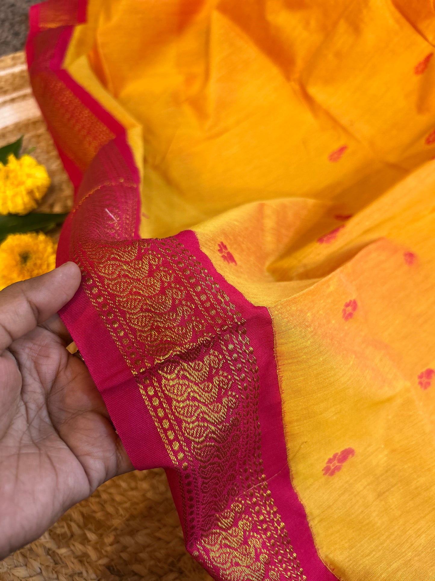 Mango Yellow with Hot Pink - Premium Cotton Silk Saree with Contrast Blouse