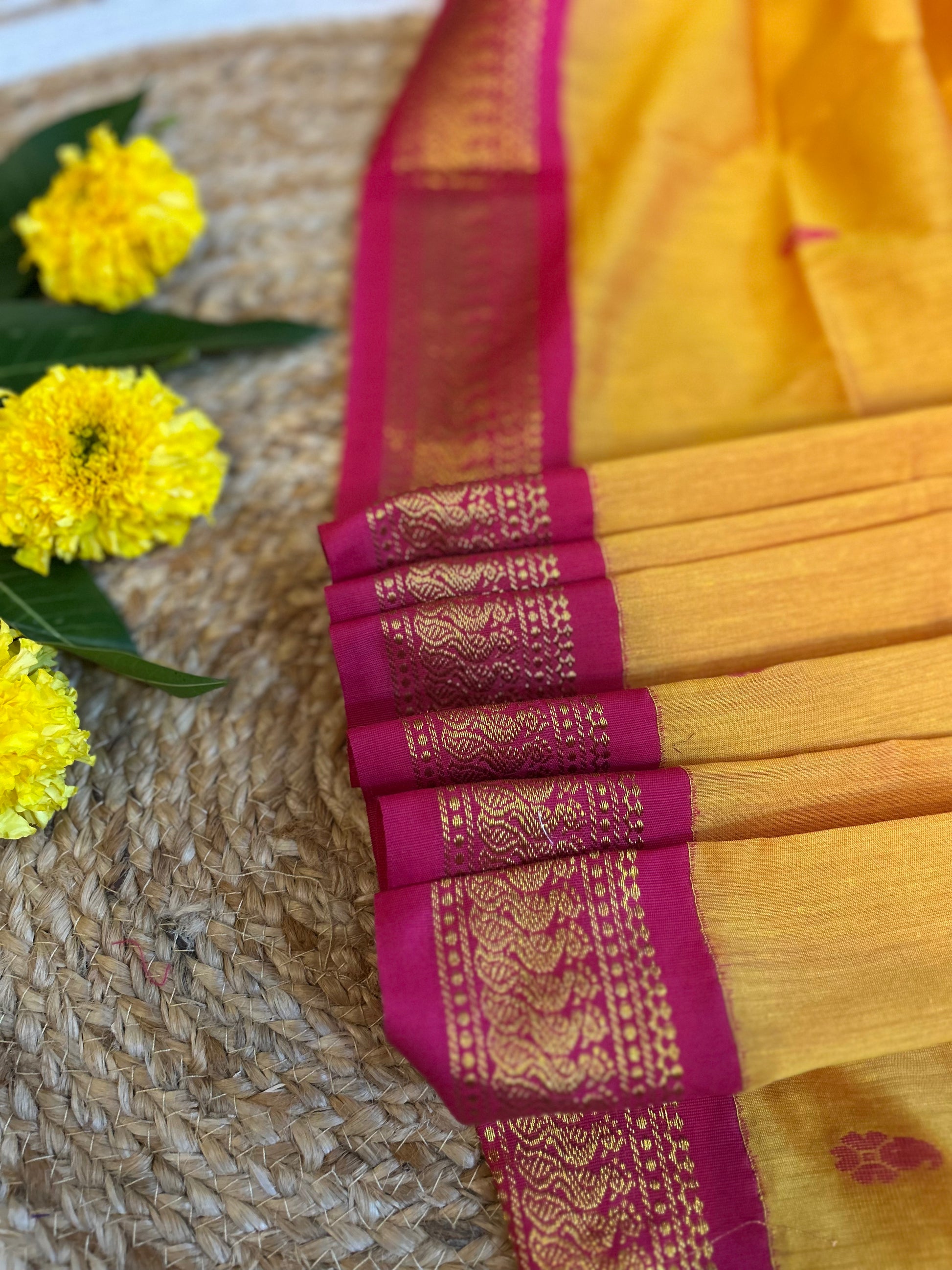 Mango Yellow with Hot Pink Premium Cotton Silk Saree with Contrast B