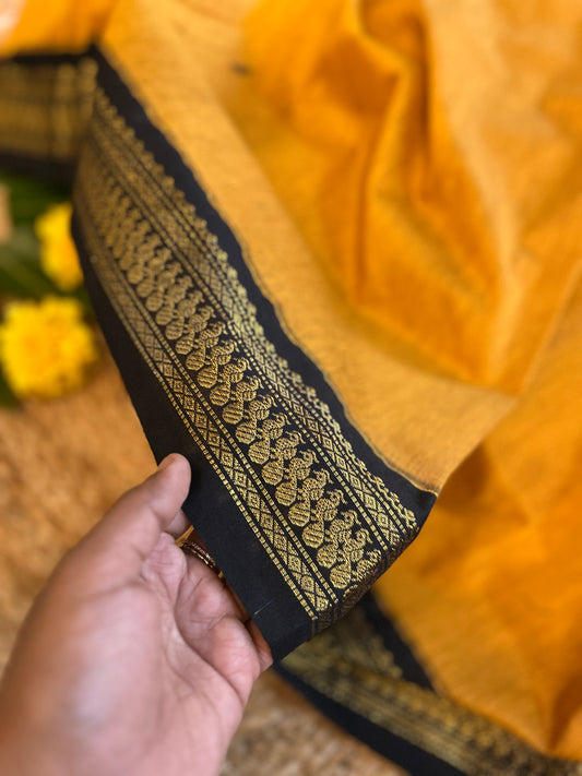 Mustard yellow and black border - Premium Cotton Silk Saree with Contrast Blouse