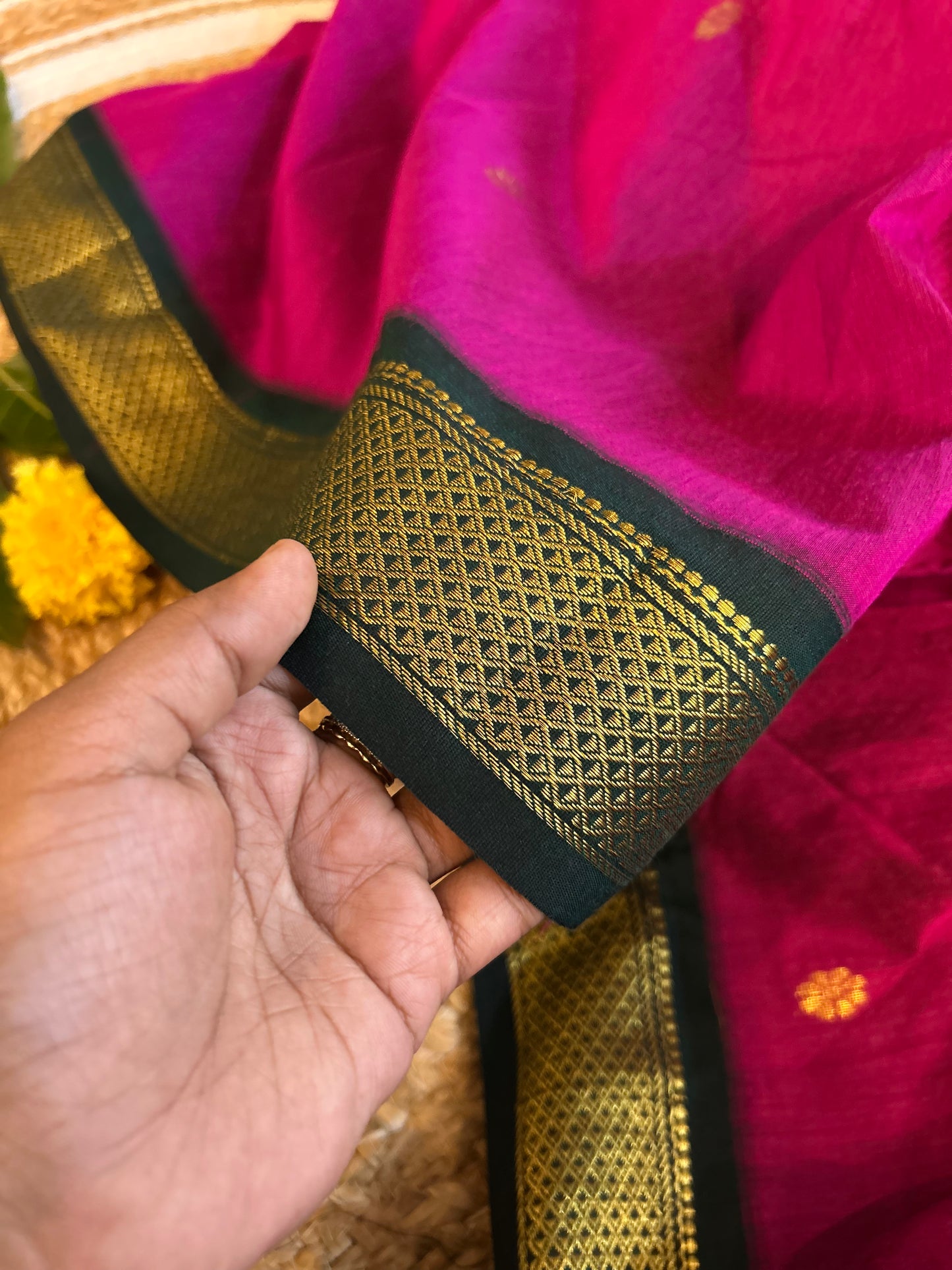 Traditional Pink and Bottle Green - Premium Cotton Silk Saree with Contrast Blouse