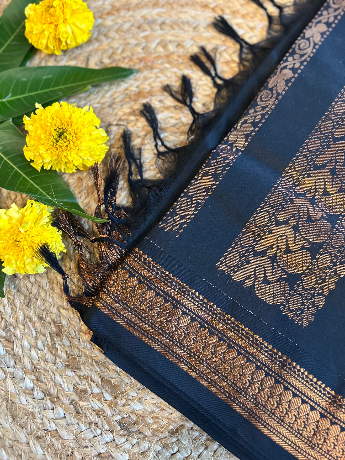 Black with copper zari border - Premium Cotton Silk Saree with Contrast Blouse