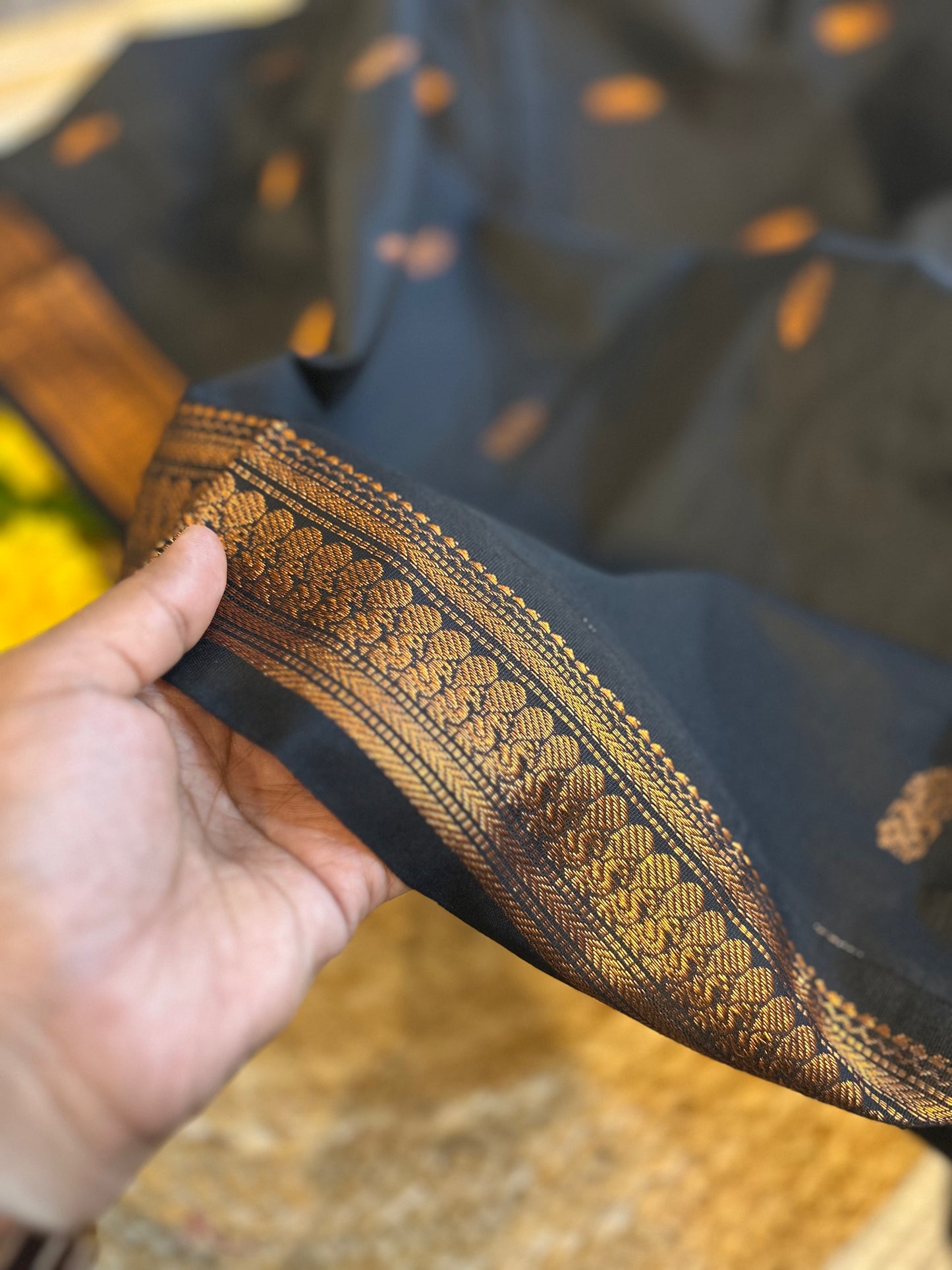 Black with copper zari border - Premium Cotton Silk Saree with Contrast Blouse