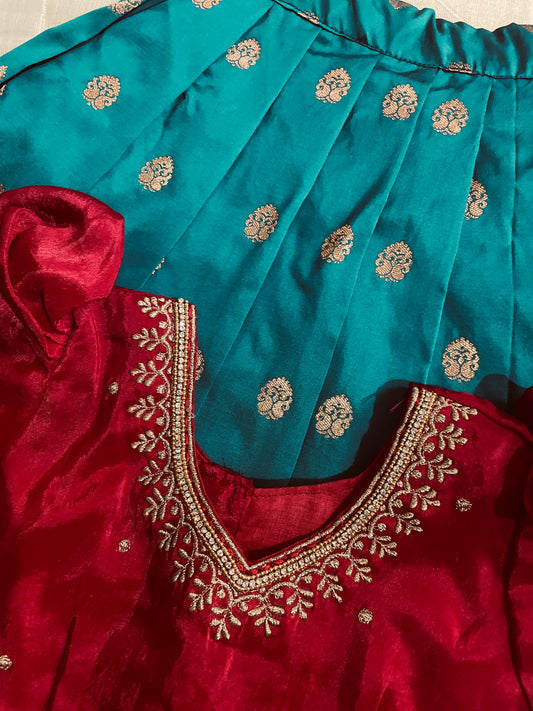 Red with rare blue silk langa blouse for baby girl