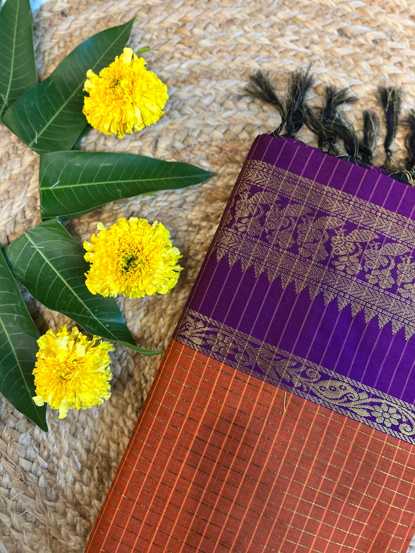 Orange with wine Checked border with zari work - Premium Cotton Silk Saree with Contrast Blouse