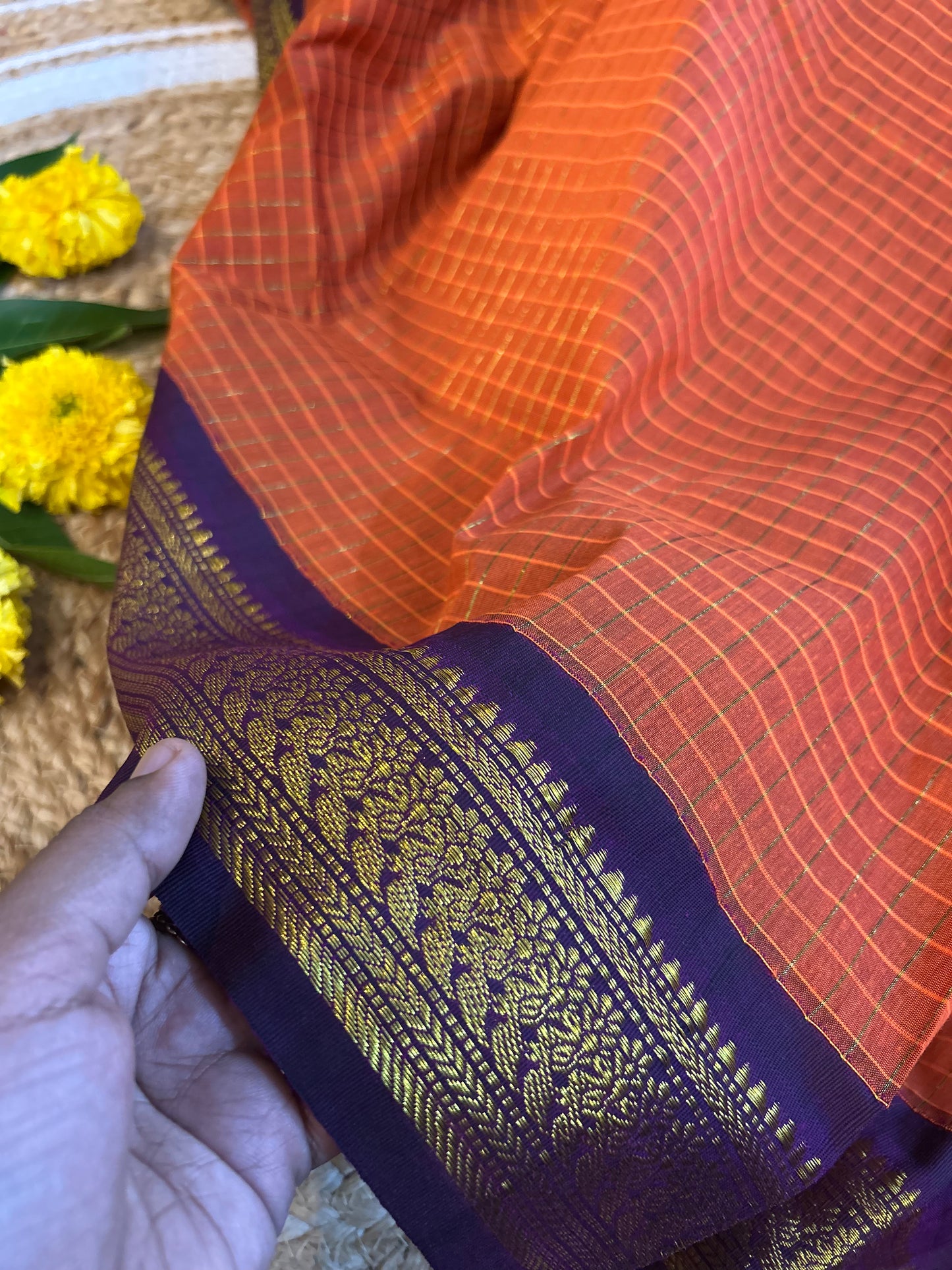 Orange with wine Checked border with zari work - Premium Cotton Silk Saree with Contrast Blouse