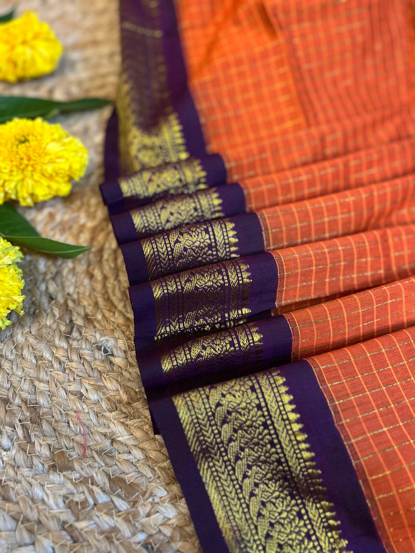 Orange with wine Checked border with zari work - Premium Cotton Silk Saree with Contrast Blouse