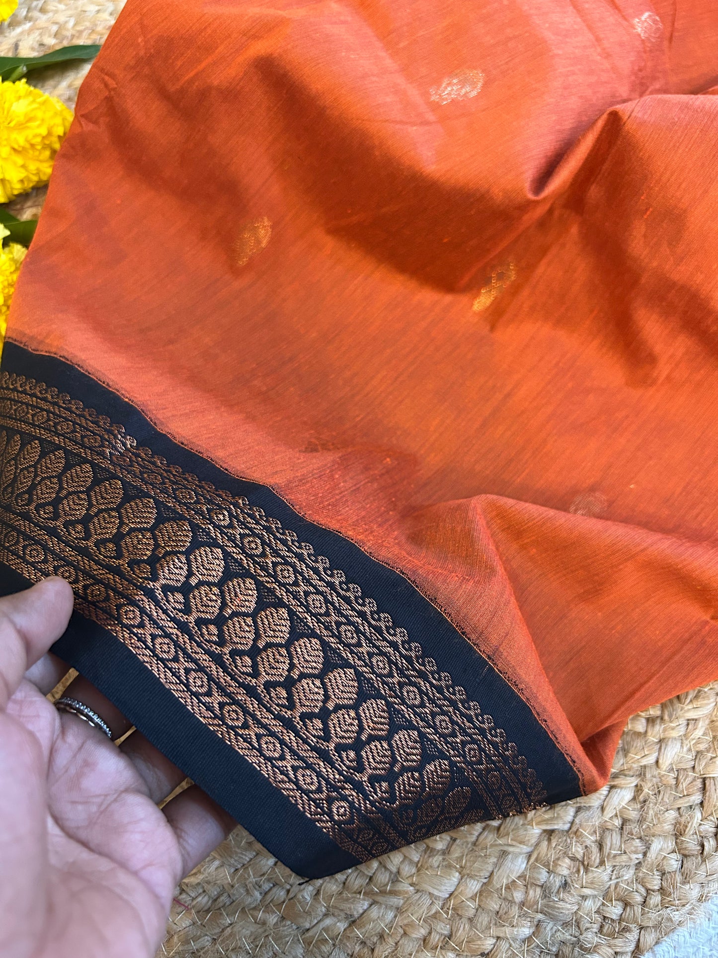 Rusty orange with Black Border  - Premium Cotton Silk Saree with Contrast Blouse