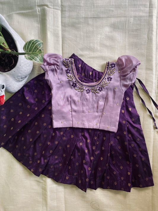 Lavendar with wine'ish purple silk south indian ethnic wear langa blouse for baby girl