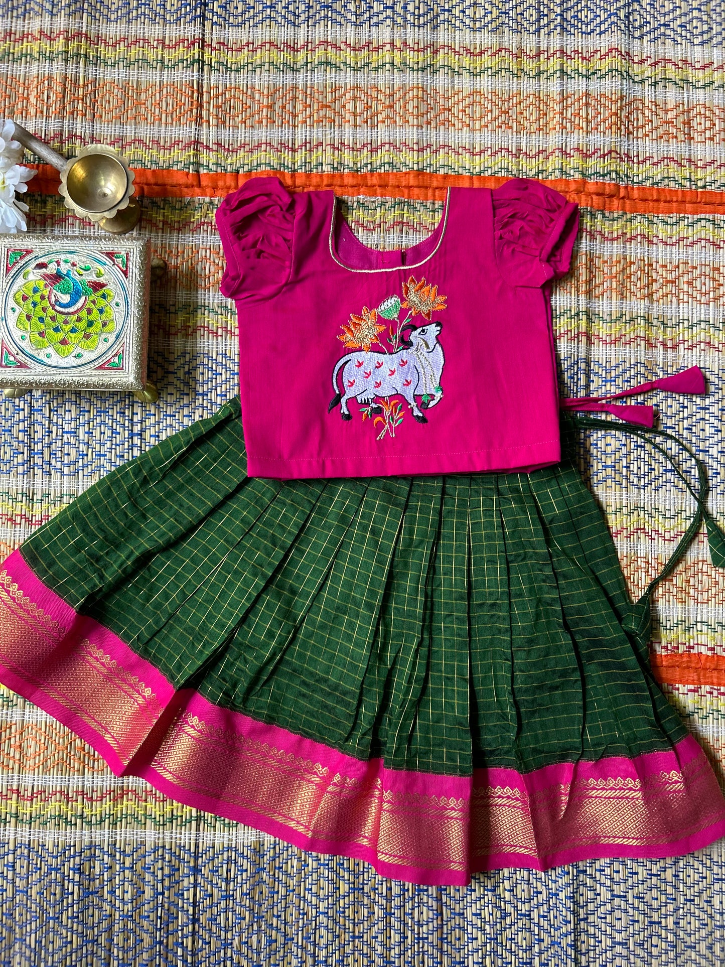 Bottle green with festive pink traditional langa blouse kamadenu cow embroidered zari border ethnic wear pattu pavadai silk for baby girl