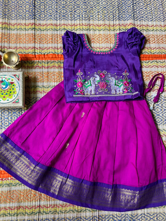 Purple with pink beautiful elephant embroidery work langa blouse , pavada, lehenga for baby girl ethnic wear